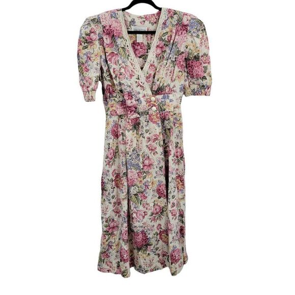 Vtg 80's Womens L Dress Cottage Core Mock Wrap Puff Sleeve Full Midi Floral Pink - Picture 6 of 10